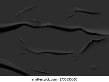 Black glued paper with wet wrinkled effect. Black wet paper poster template with crumpled texture. Realistic vector posters mockup