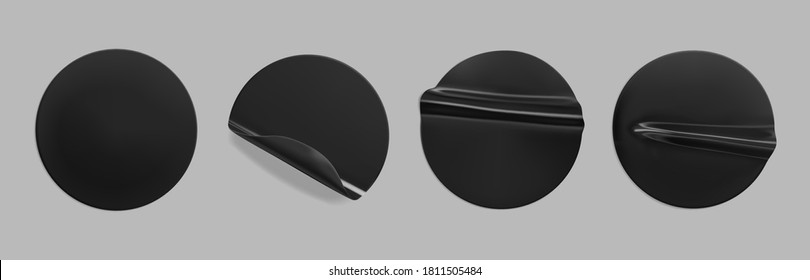 Black glued round crumpled sticker mockup set. Adhesive black paper or plastic stickers label with glued, wrinkled effect on grey background. Templates of a label or price tags. 3d realistic vector