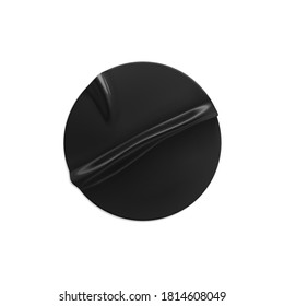 Black glued round crumpled sticker mockup. Adhesive clear black paper or plastic sticker label with glued, wrinkled effect on white background. Blank templates label or price tags. 3d realistic vector