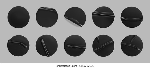 Black glued round crumpled sticker mockup set. Adhesive clear black paper or plastic stickers label with glued, wrinkled effect on grey background. Templates label or price tags. 3d realistic vector