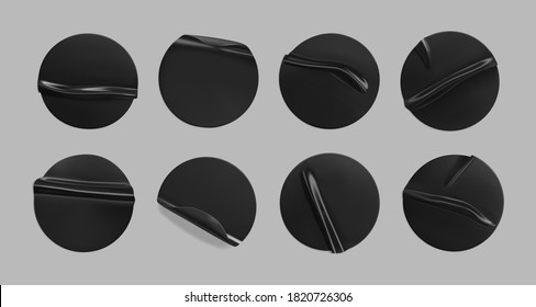 Black glued round crumpled sticker mockup set. Adhesive clear black paper or plastic stickers label with glued, wrinkled effect on grey background. Templates label or price tags. 3d realistic vector