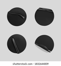Black glued round crumpled sticker mockup set. Adhesive clear black paper or plastic stickers label with glued, wrinkled effect on grey background. Templates label or price tags. 3d realistic vector