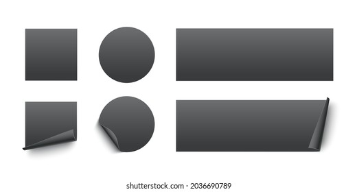 Black glued square, circle and rectangle stickers with curling edges. 3d blank paper labels vector illustration. Badges with twisted edges on white background.