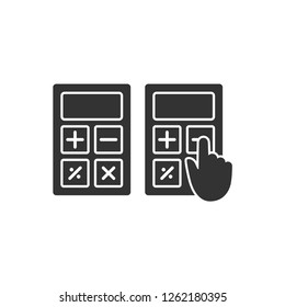 Black glyph calculator simple vector icon. Calculator with pointer hand, keyboard, minus and plus buttons.