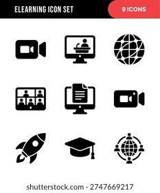 Black Glyph E-Learning Icon Set with Video Conference and Online Education