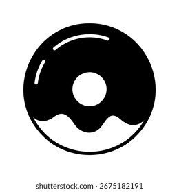A black glyph icon of a classic ring donut with a shiny glaze. Perfect for sweet dessert menus, cafe graphics, or food-related designs.