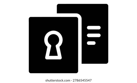 A black glyph icon depicting secure documents or private files. The front document features a keyhole symbol, indicating security, privacy, or restricted access, while the document behind it shows thr