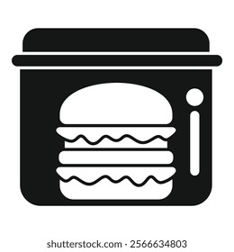 Black glyph icon for double burger being heated in microwave with information sign