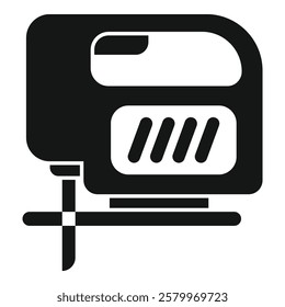 Black glyph icon of an electric jigsaw cutting a piece of plywood, representing woodworking and carpentry