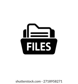 Icono de glifo negro de una carpeta que contiene documentos y etiquetados "ARCHIVOS", que indica una colección organizada de datos digitales.