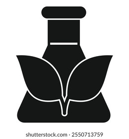 Black glyph icon for a laboratory flask growing green leaves