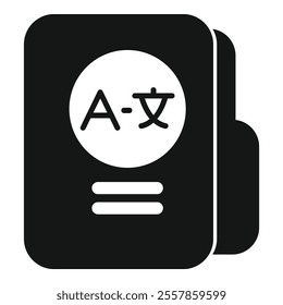 Black glyph icon representing an electronic dictionary for language translation