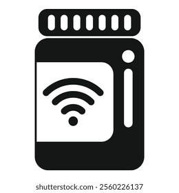 Black glyph icon representing a medicine jar featuring a wifi symbol, embodying modern healthcare technology