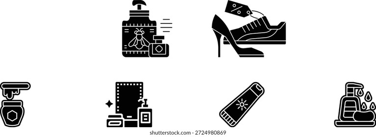 Conjunto de iconos de glifo negro con artículos de belleza, moda y cuidado personal, incluidos cosméticos, perfumes, zapatos, cuidado de la piel y productos de higiene en un estilo minimalista limpio.