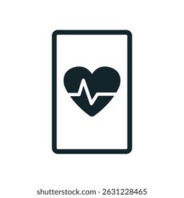 Black glyph icon of a smartphone displaying a heartbeat, symbolizing mobile healthcare