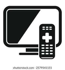 Black glyph icon for a tv set with a remote control illustrating the concept of watching television