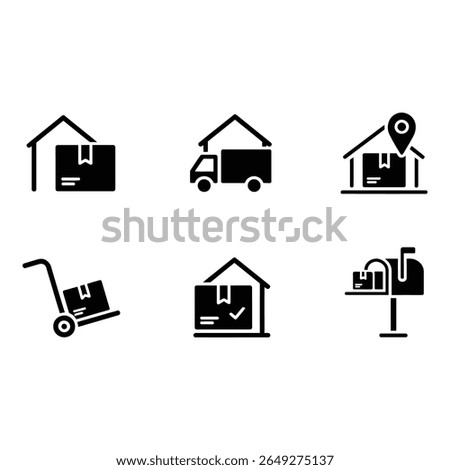 Black Glyph Icons Delivery Shipping Logistics Warehouse Package Transportation Mailbox Hand Truck Location Pin Check Mark