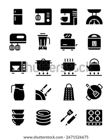 Black glyph icons representing various kitchen appliances and utensils used for cooking and food preparation