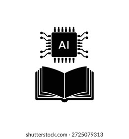Schwarzes Glyphe Mikrochip-Symbol mit AI-Buchstaben über offenem Buchdesign