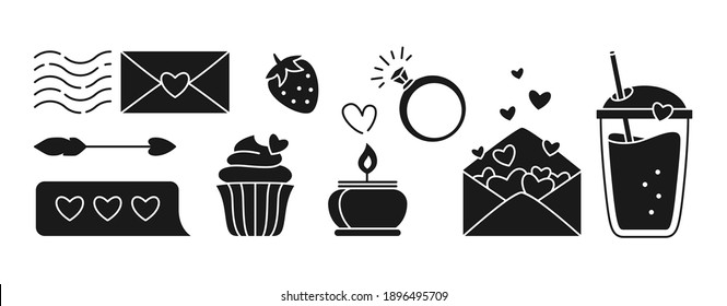 black glyph Valentine' icon set. Minimal sign, Happy Valentines Day symbol strawberry and cupcake letter, arrow message, confession and candle. Hand drawn love doodles. Flat Design Vector Illustration