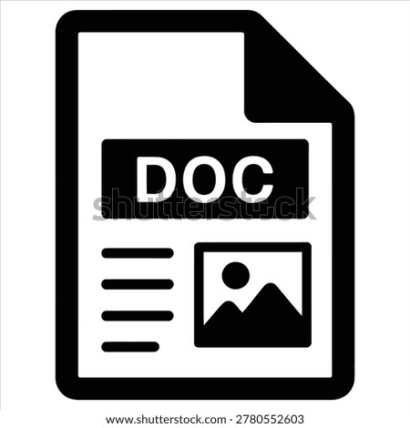 A black glyph vector icon representing a DOC or word processing file format. The design includes placeholder text lines and a symbol for an embedded image, indicating a rich text document. Perfect for user interfaces, software, websites, and projects related to content, documentation, or reports.