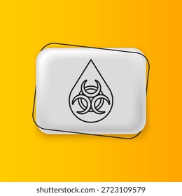 Icono negro del OMG aislado en fondo amarillo. Organismo modificado genéticamente, acrónimo. Modificación del ADN en los alimentos. Botón rectángulo plateado. Vector