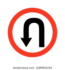 Black go back return arrow icon in red circle, simple vector u turn shape pointer flat design. 