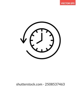 Black go back time on clock line con, simple round past time flat design vector pictogram, infographic vector for app logo web website button ui ux interface elements isolated on white background