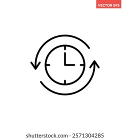 Black go back time on clock line con, simple round past time flat design vector pictogram, infographic vector for app logo web website button ui ux interface elements isolated on white background