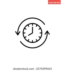 Black go back time on clock line con, simple round past time flat design vector pictogram, infographic vector for app logo web website button ui ux interface elements isolated on white background