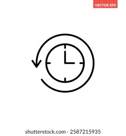 Black go back time on clock line con, simple round past time flat design vector pictogram, infographic vector for app logo web website button ui ux interface elements isolated on white background