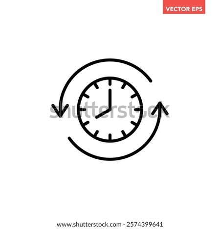Black go back time on clock line con, simple round past time flat design vector pictogram, infographic vector for app logo web website button ui ux interface elements isolated on white background