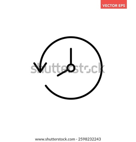 Black go back time on clock line con, simple round past time flat design vector pictogram, infographic vector for app logo web website button ui ux interface elements isolated on white background