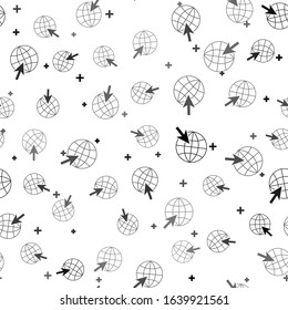 Black Go To Web icon isolated seamless pattern on white background. Globe and cursor. Website pictogram. World wide web symbol.  Vector Illustration