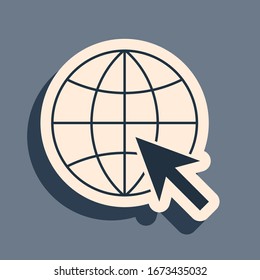 Black Go To Web icon isolated on grey background. Globe and cursor. Website pictogram. World wide web symbol. Long shadow style. Vector Illustration