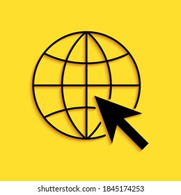 Black Go To Web icon isolated on yellow background. Globe and cursor. Website pictogram. World wide web symbol. Long shadow style. Vector.