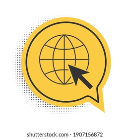 Black Go To Web icon isolated on white background. Globe and cursor. Website pictogram. World wide web symbol. Yellow speech bubble symbol. Vector.