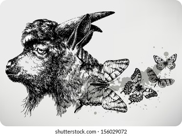 Black goat with butterflies. Vector illustration.