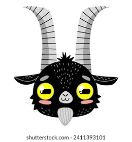 Black goat head. The cute witch goat of the coven. Farm, agriculture, kindergarten, halloween. Stock vector illustration isolated on a white background.