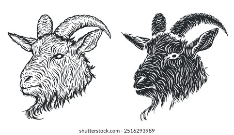 Black goat head in hand drawn sketch style. Monochrome silhouette animal for tattoo, print, branding. Vector illustration.