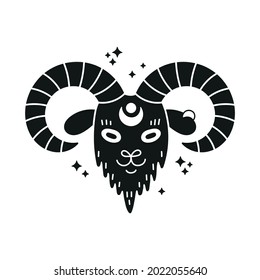 Black goat head silhouette. Zodiac Aries emblem. Witchy animal illustration. Vectot black and white isolated art