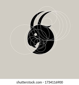 Black Goat on White Sketch Paper Background in Golden Ratio Design, Suitable for Logo, Scrapbook Decoration, and Sticker.