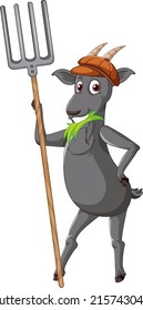 Black goat standing on two legs and holding rake illustration
