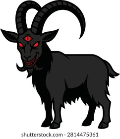 Black goat with three red eyes and devilish smile on transparent background.
