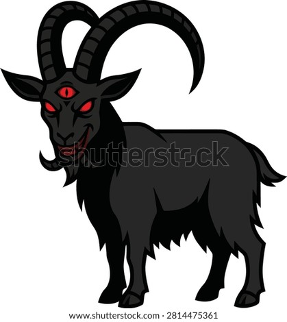 Black goat with three red eyes and devilish smile on transparent background.