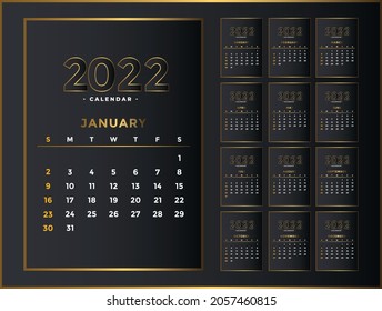 black and gold 2022 сalendar design. Set of 12 months. 2022. Week starts on Sunday. Calendar design. Editable calendar page template, Abstract vector illustration