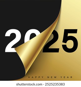 A black and gold 2025 New Year design with a page-turning effect. Vector illustration