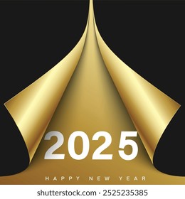 A black and gold 2025 New Year design with a page-turning effect. Vector illustration