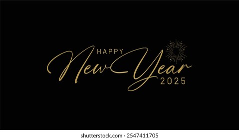 Black Gold 2025 New Year Eve Banner with Fireworks and Sparklers. Simple 2025 Text Banner, Background, Typography. 