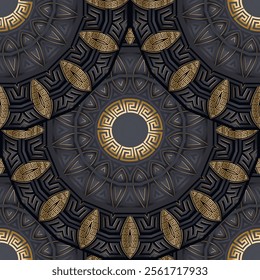 Black gold 3d luxury elegant modern art Deco mandalas seamless pattern with gold lines, abstract shapes, greek key meanders, mazes. Vector ornamental trendy black background with black gold 3d flower